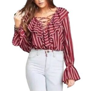 Show Me Your MuMu Elton Striped Top Merlot Chiffon Ruffle Lace Up Ladies Small